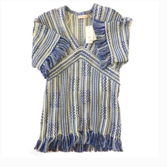 Tory Burch Baha Fringe Trim Blue Linen Tunic S
